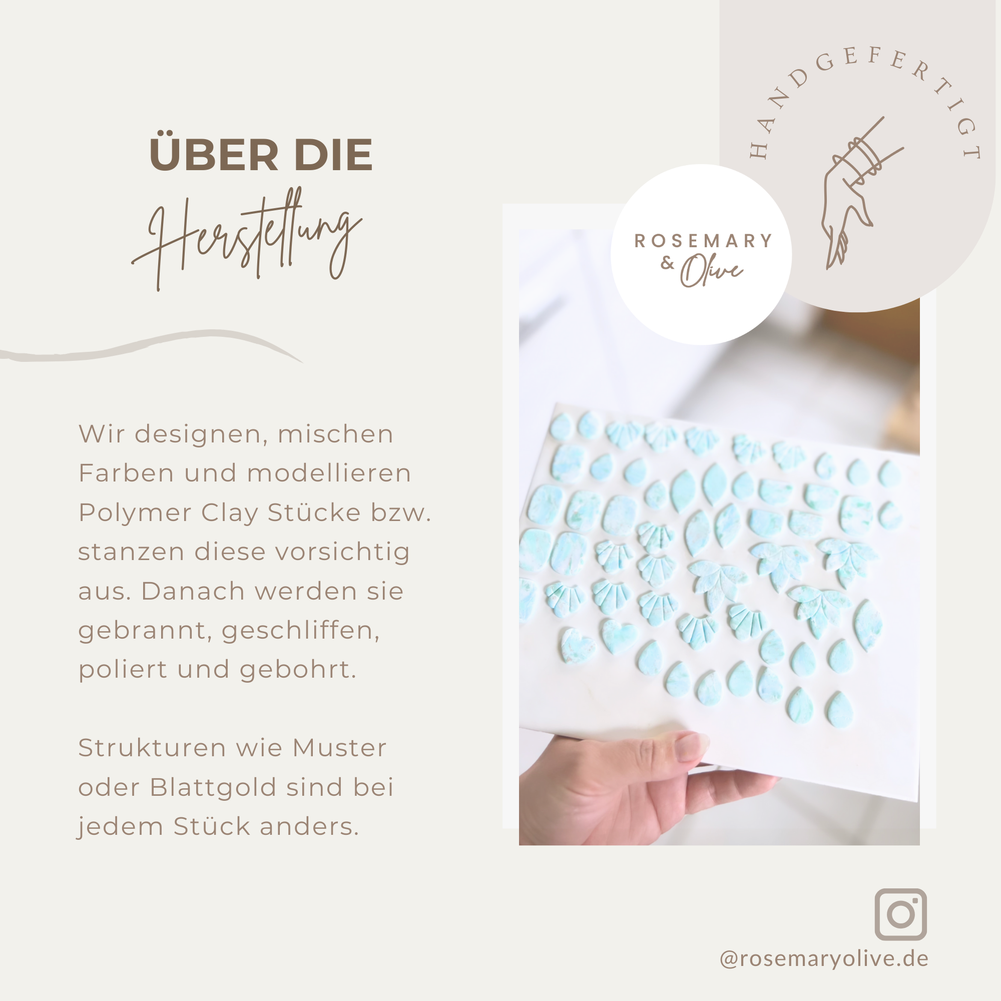 Wir designen, mischen Farben und modellieren Polymer Clay Stücke bzw. stanzen diese vorsichtig aus. Danach werden sie gebrannt, geschliffen, poliert und gebohrt.   Strukturen wie Muster oder Blattgold sind bei jedem Stück anders.